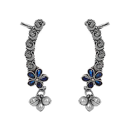 Teejh Viha Silver Oxidised Blue  Floral Earcuff