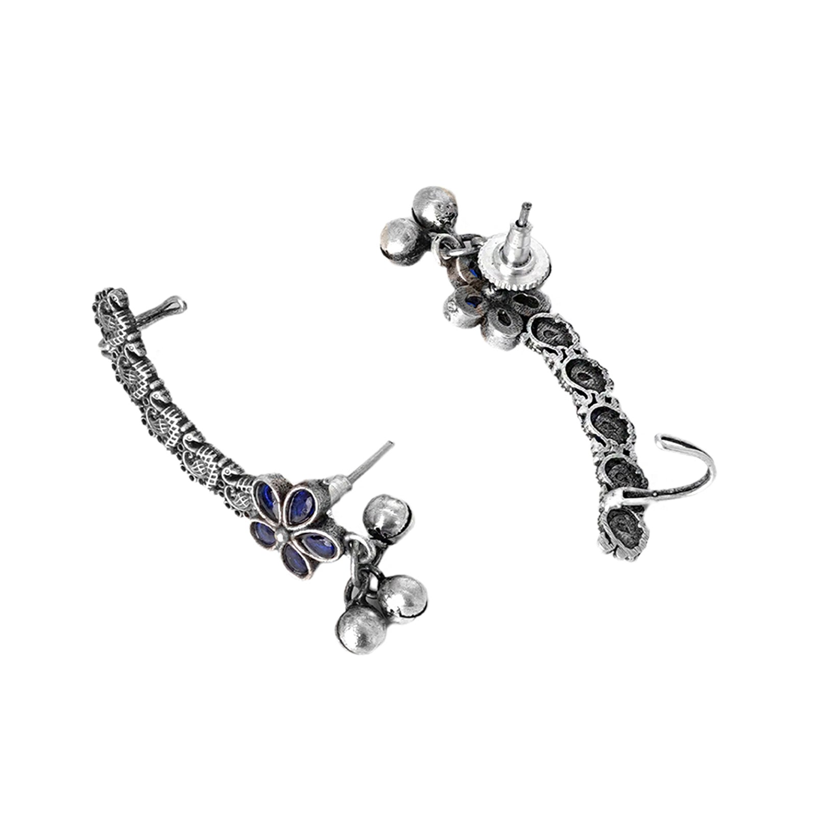 Teejh Viha Silver Oxidised Blue  Floral Earcuff