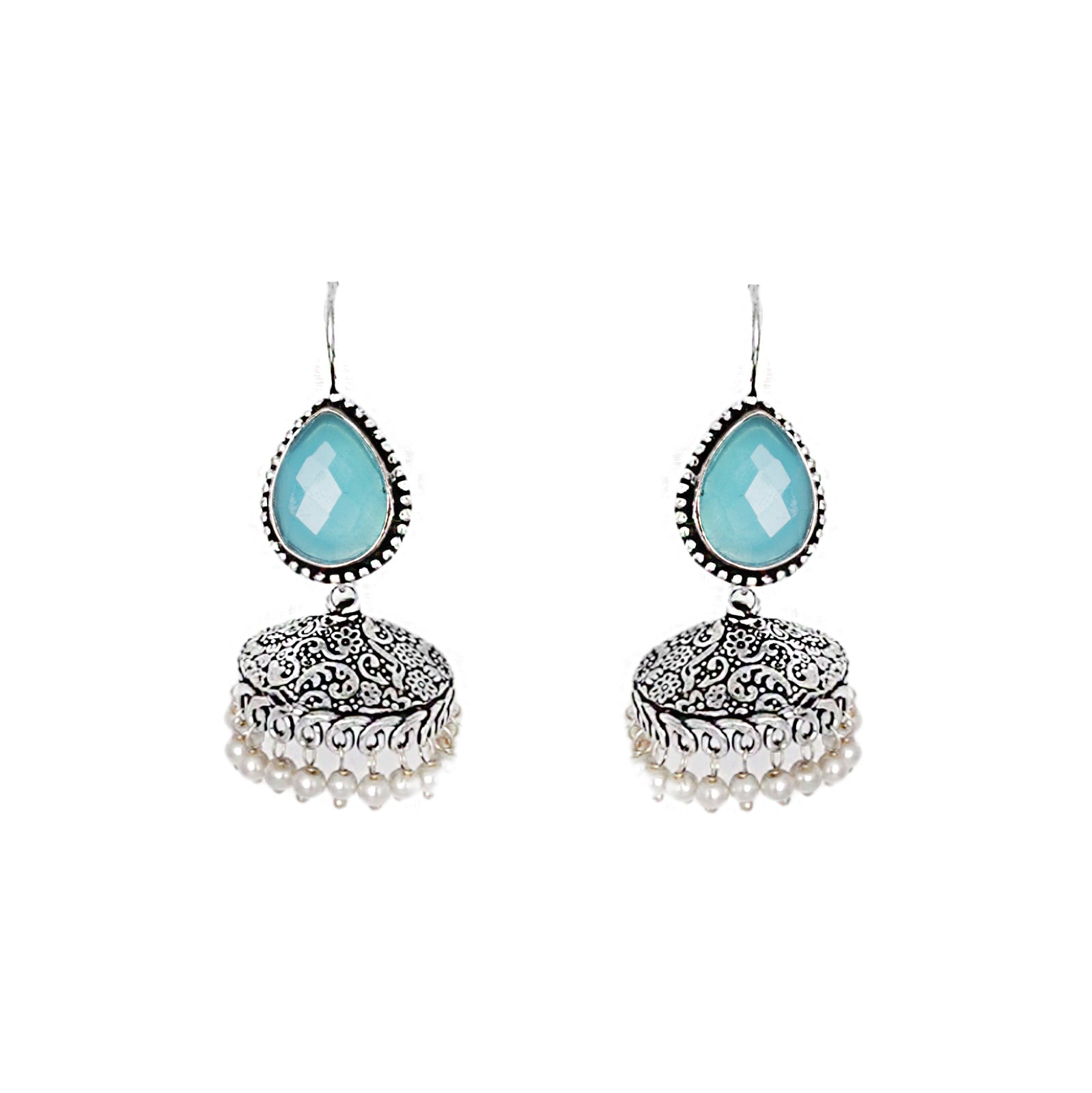 Teejh Sahasra Light Blue Stone Silver Oxidised Earrings