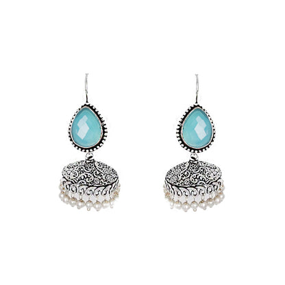 Teejh Sahasra Light Blue Stone Silver Oxidised Earrings