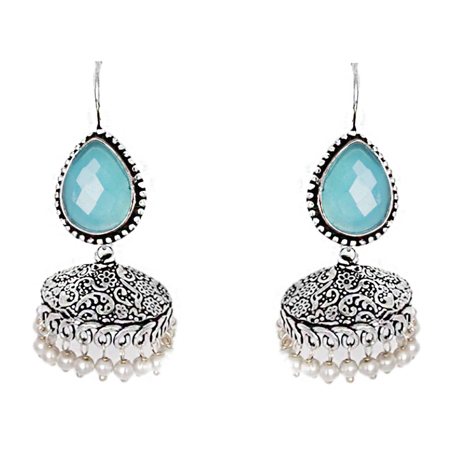 Teejh Sahasra Light Blue Stone Silver Oxidised Earrings