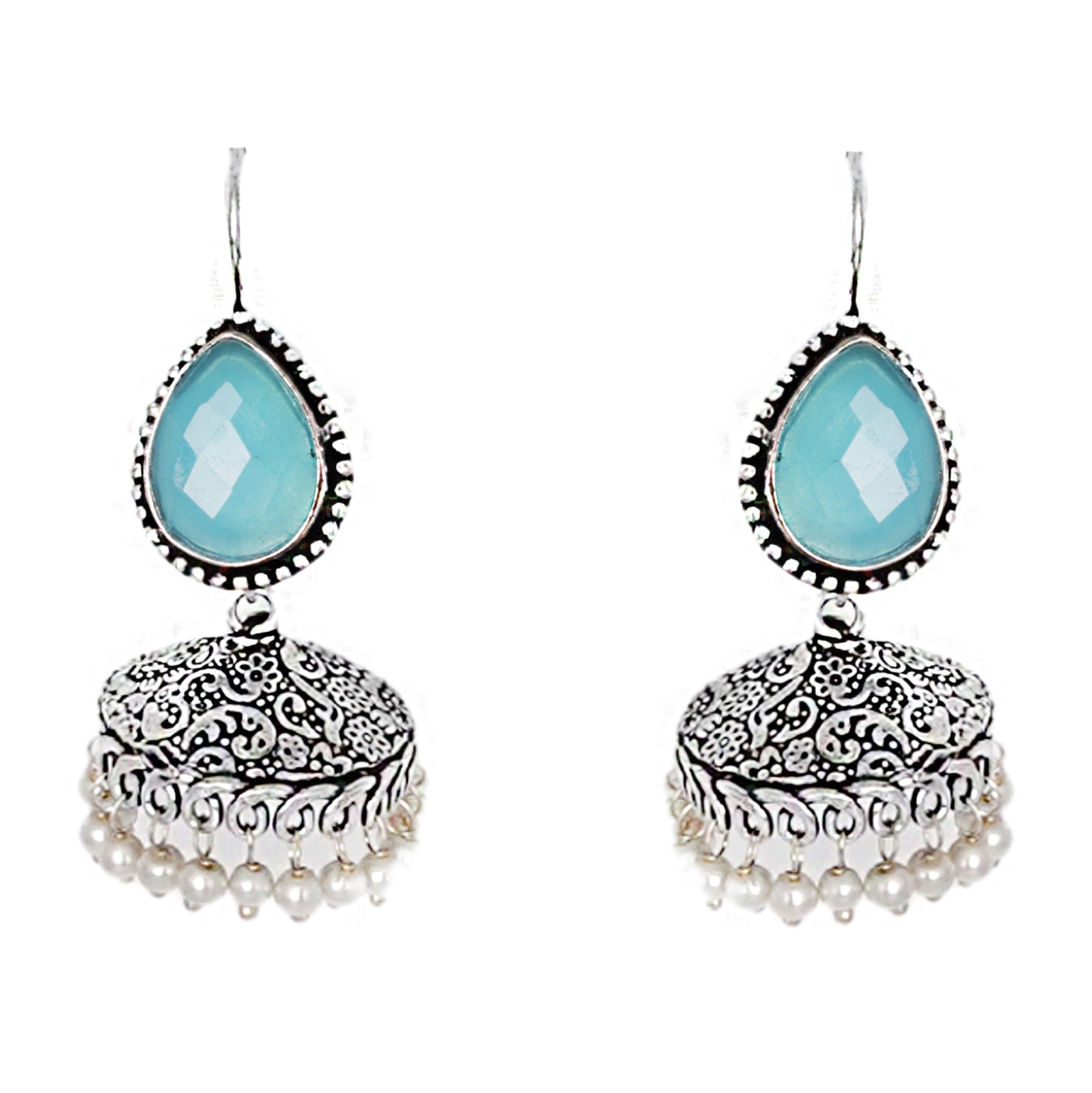 Teejh Sahasra Light Blue Stone Silver Oxidised Earrings