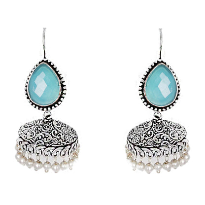 Teejh Sahasra Light Blue Stone Silver Oxidised Earrings