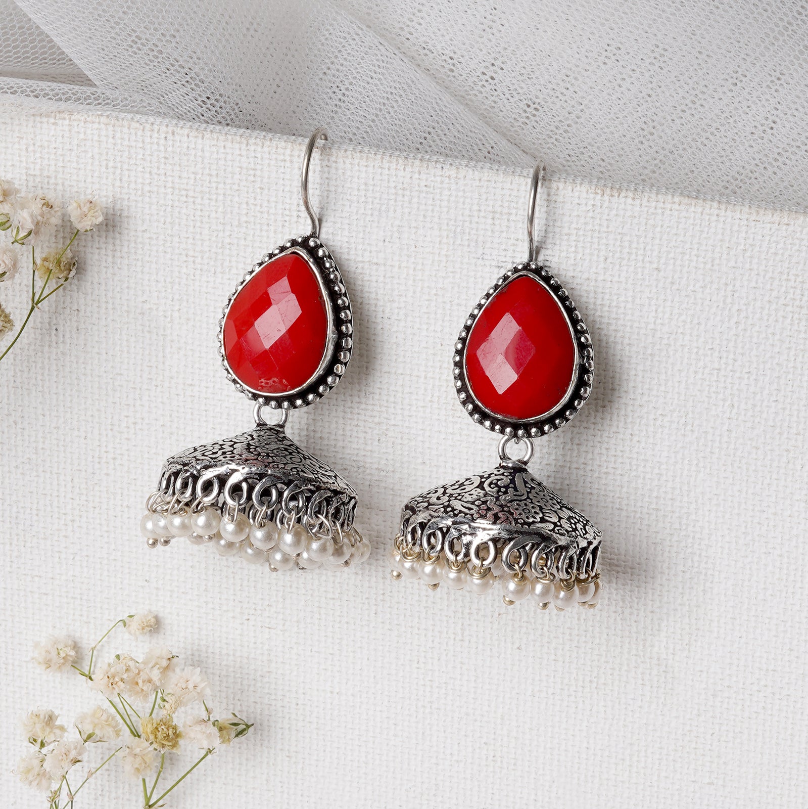 Teejh Sahasra Red Stone Silver Oxidised Earrings