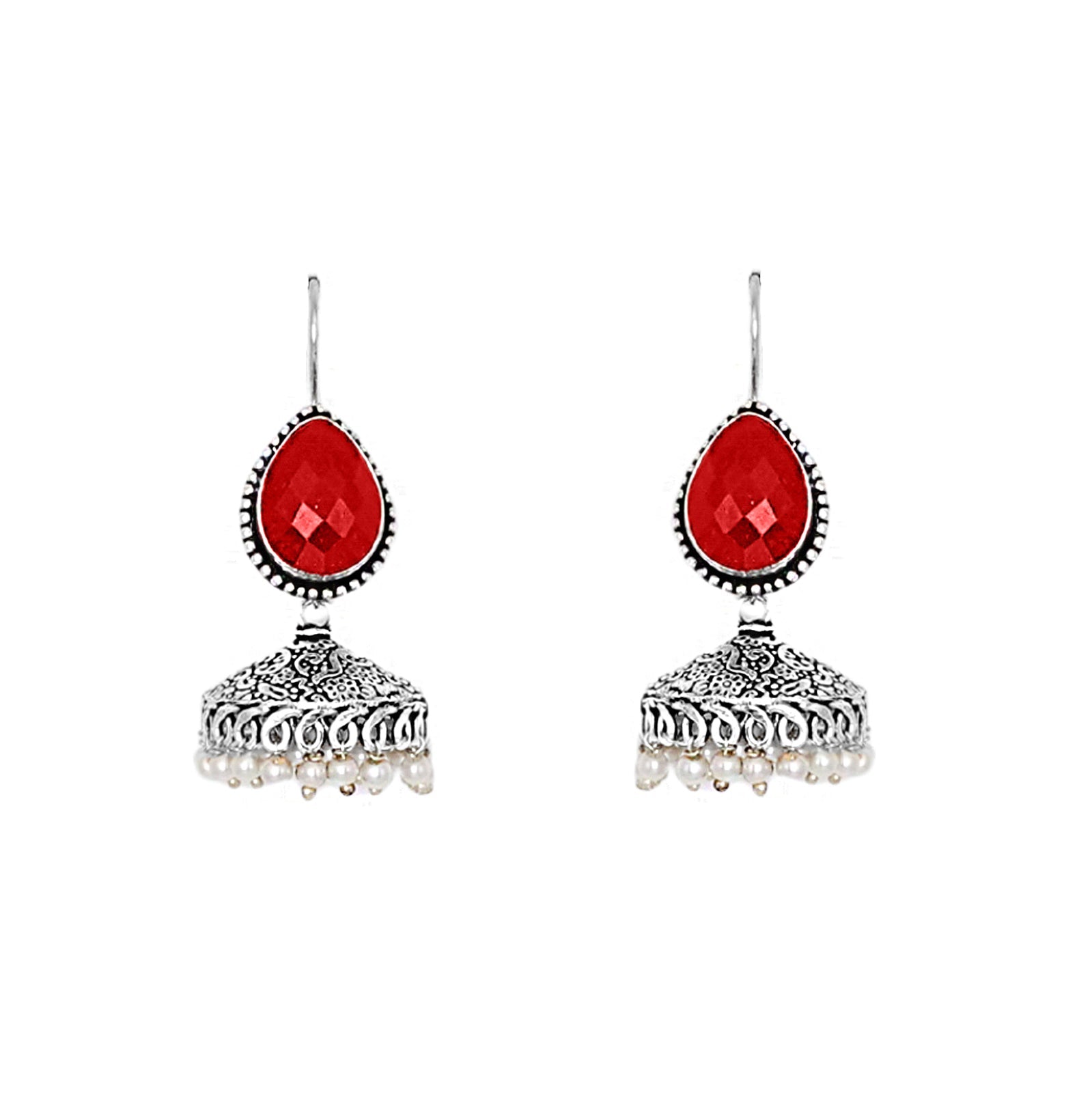 Teejh Sahasra Red Stone Silver Oxidised Earrings