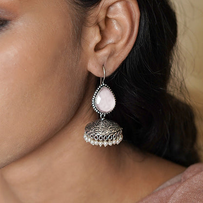 Teejh Sahasra Pink Stone Silver Oxidised Earrings