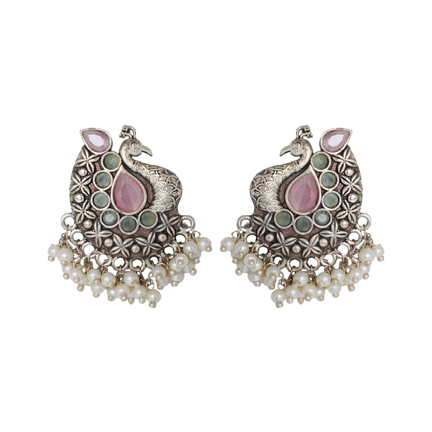 Teejh Nirali  Pink & White Silver Oxidised Earrings