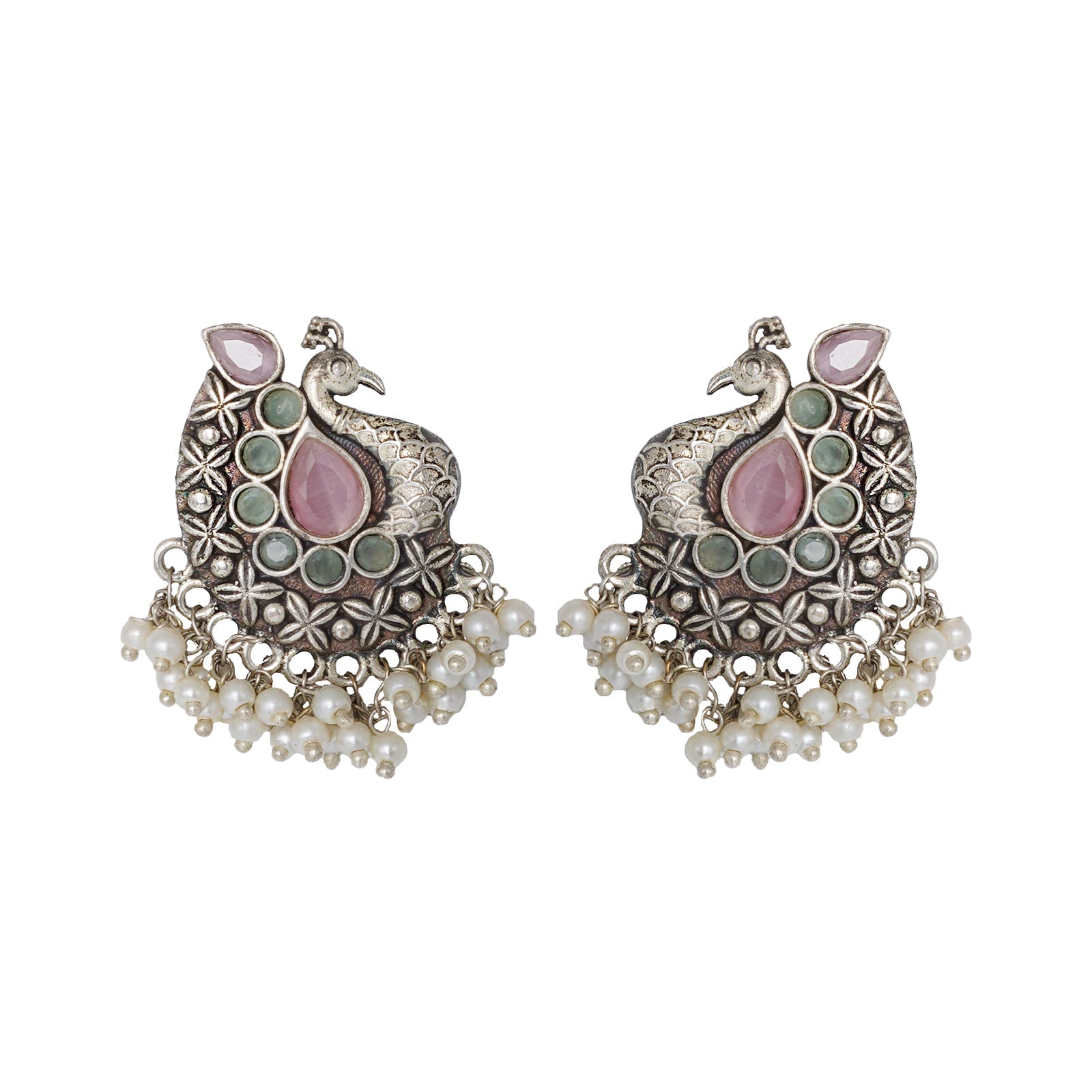 Teejh Nirali  Pink & White Silver Oxidised Earrings