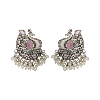 Teejh Nirali  Pink & White Silver Oxidised Earrings
