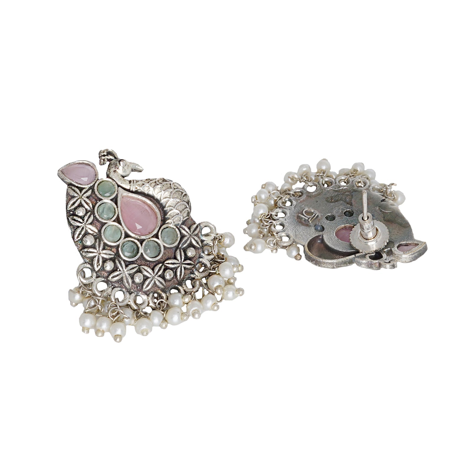 Teejh Nirali  Pink & White Silver Oxidised Earrings
