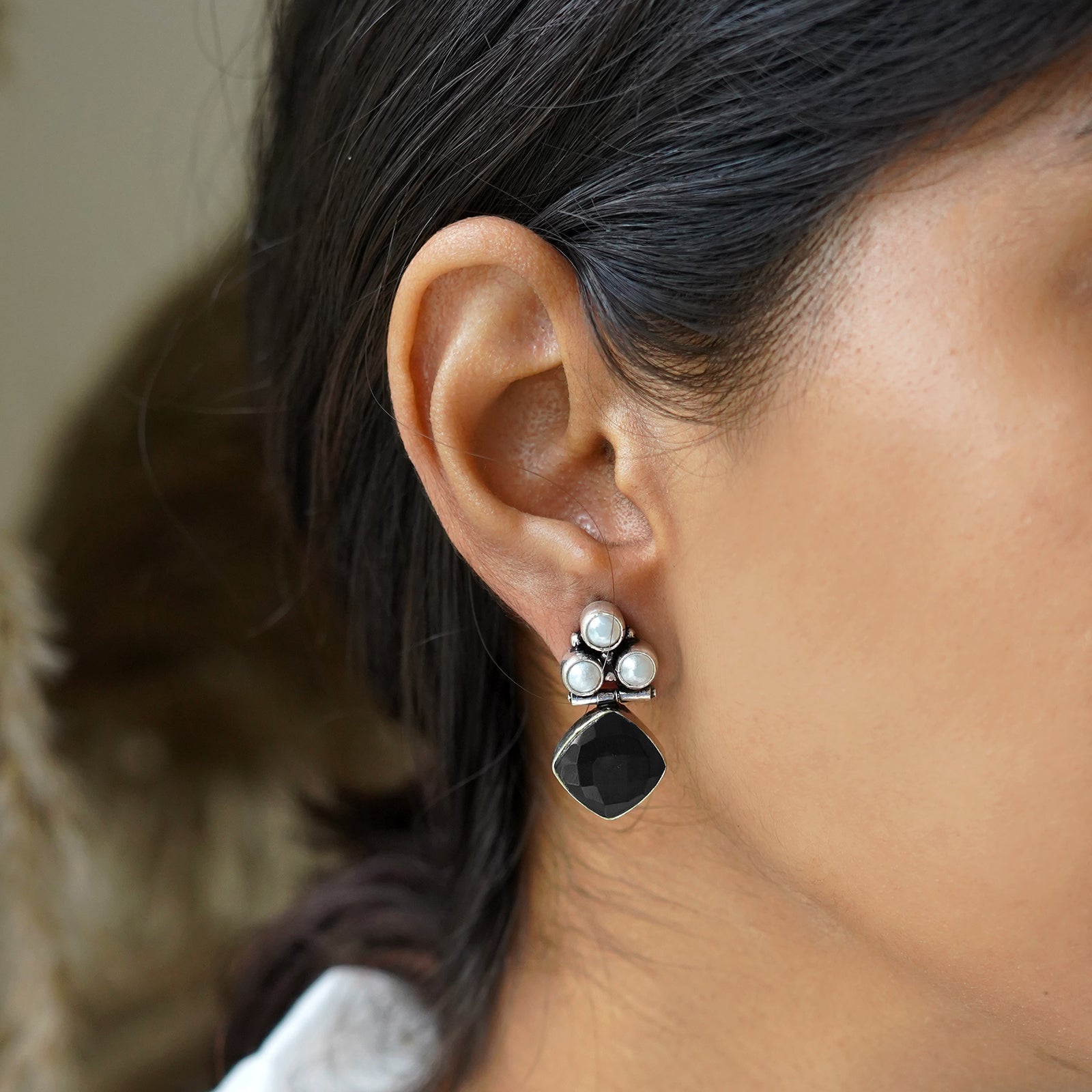 Teejh Delisha Black Stone Silver Oxidised  Stud Earrings