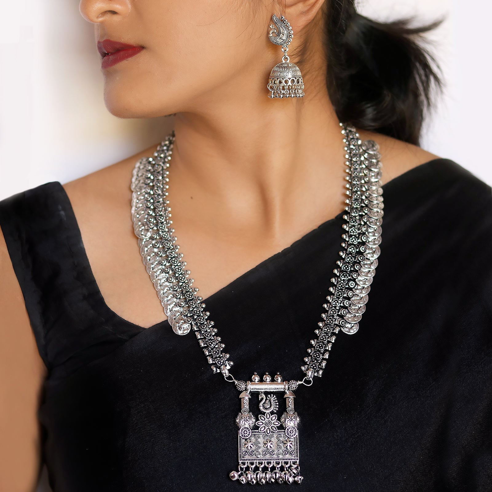 Kaveesha Silver Oxidized Peacock Necklace Set - Teejh