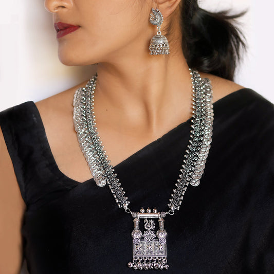 Kaveesha Silver Oxidized Peacock Necklace Set - Teejh