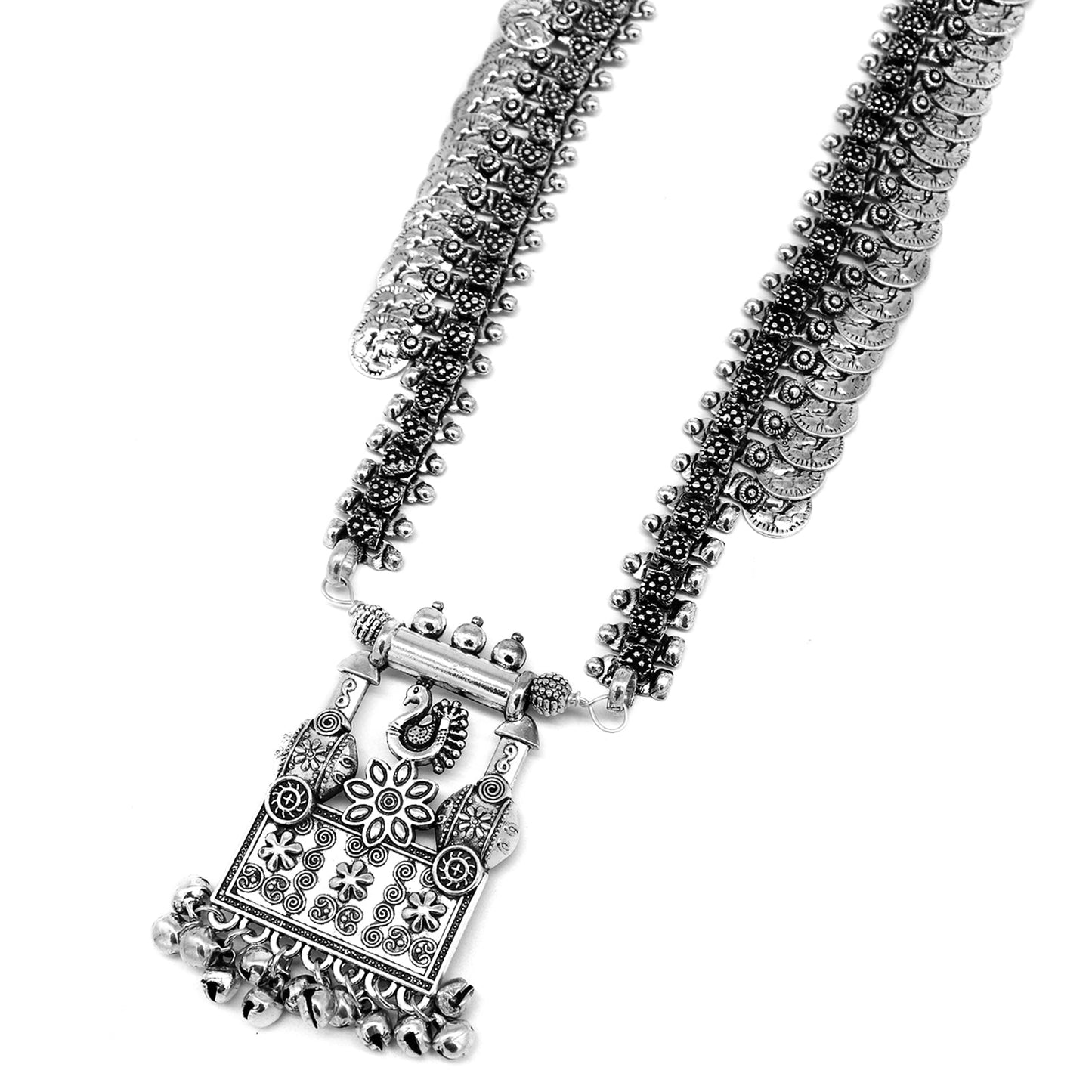 Kaveesha Silver Oxidized Peacock Necklace Set - Teejh