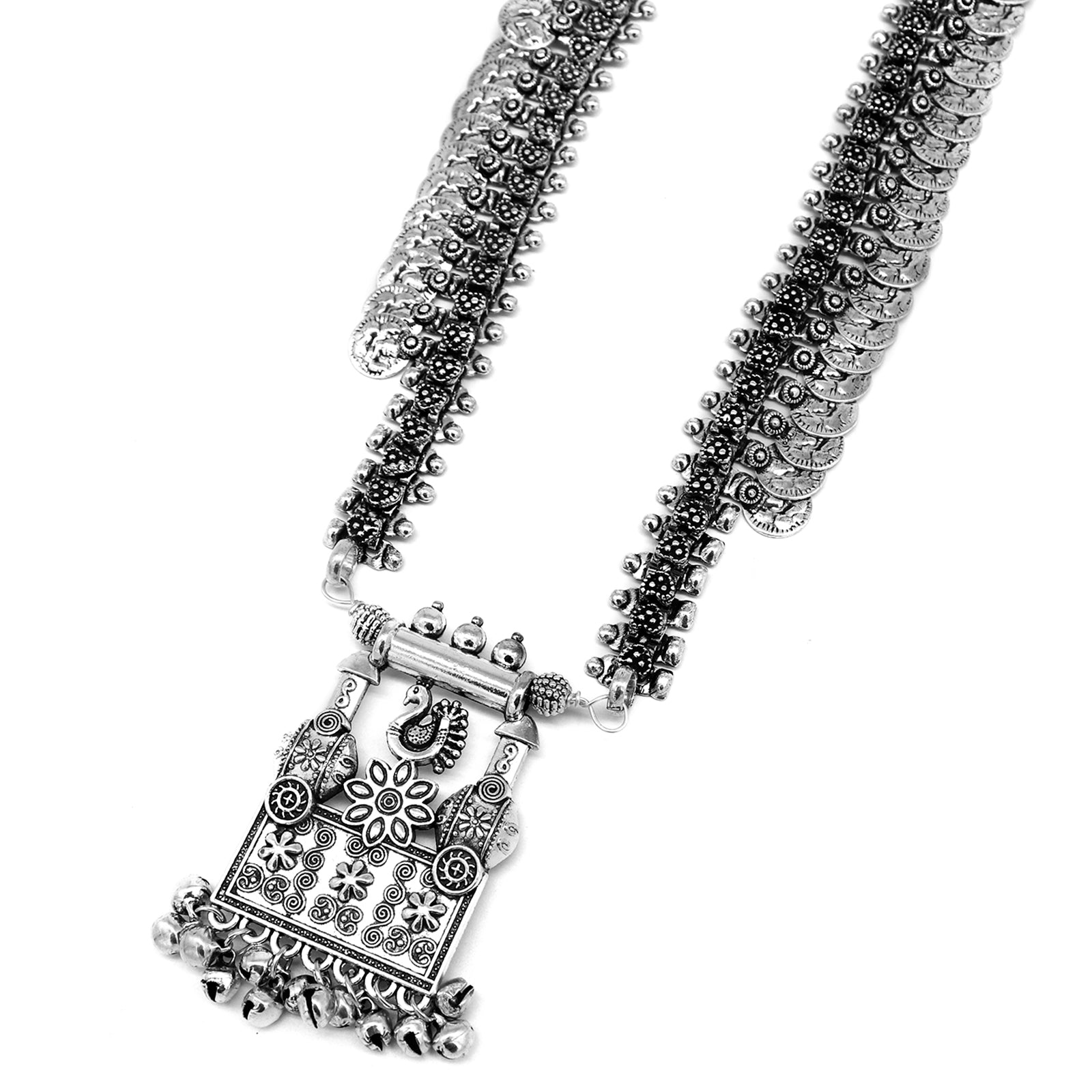 Kaveesha Silver Oxidized Peacock Necklace Set - Teejh