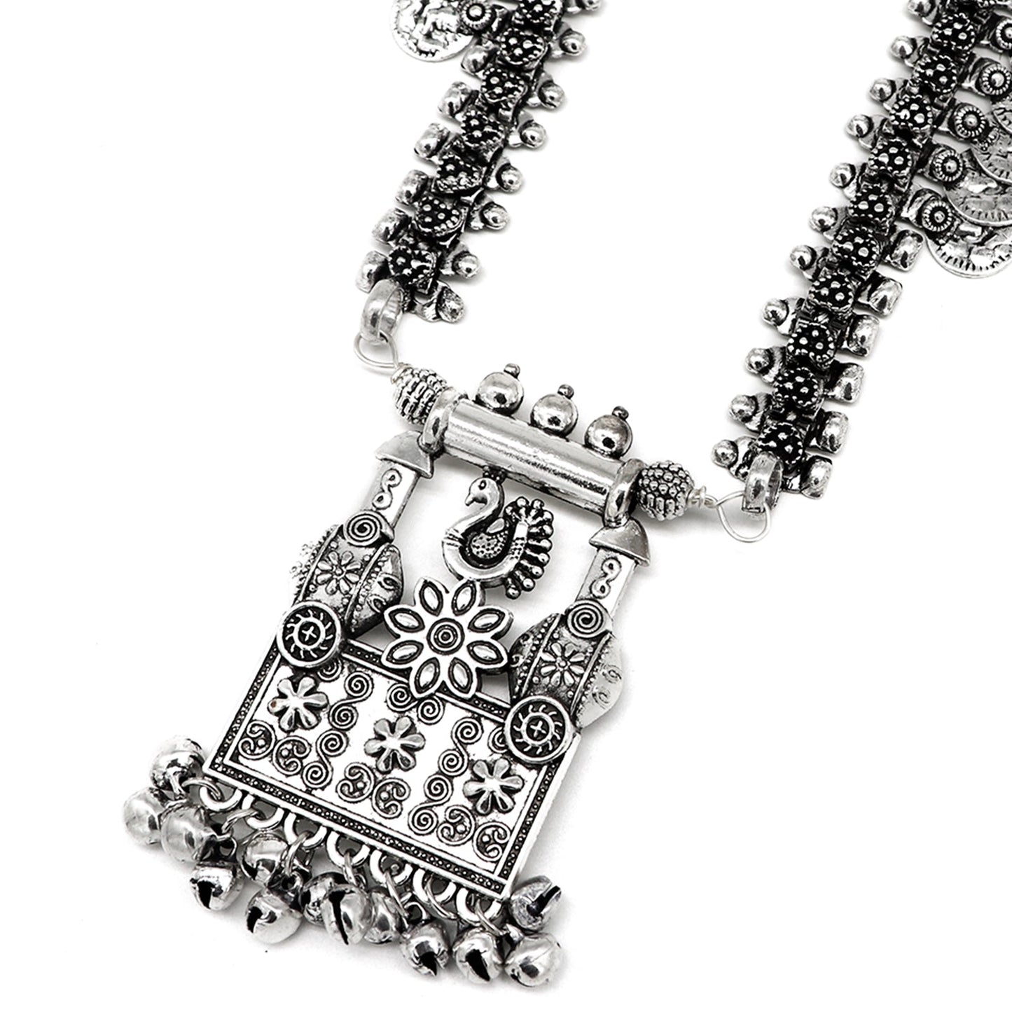 Kaveesha Silver Oxidized Peacock Necklace Set - Teejh