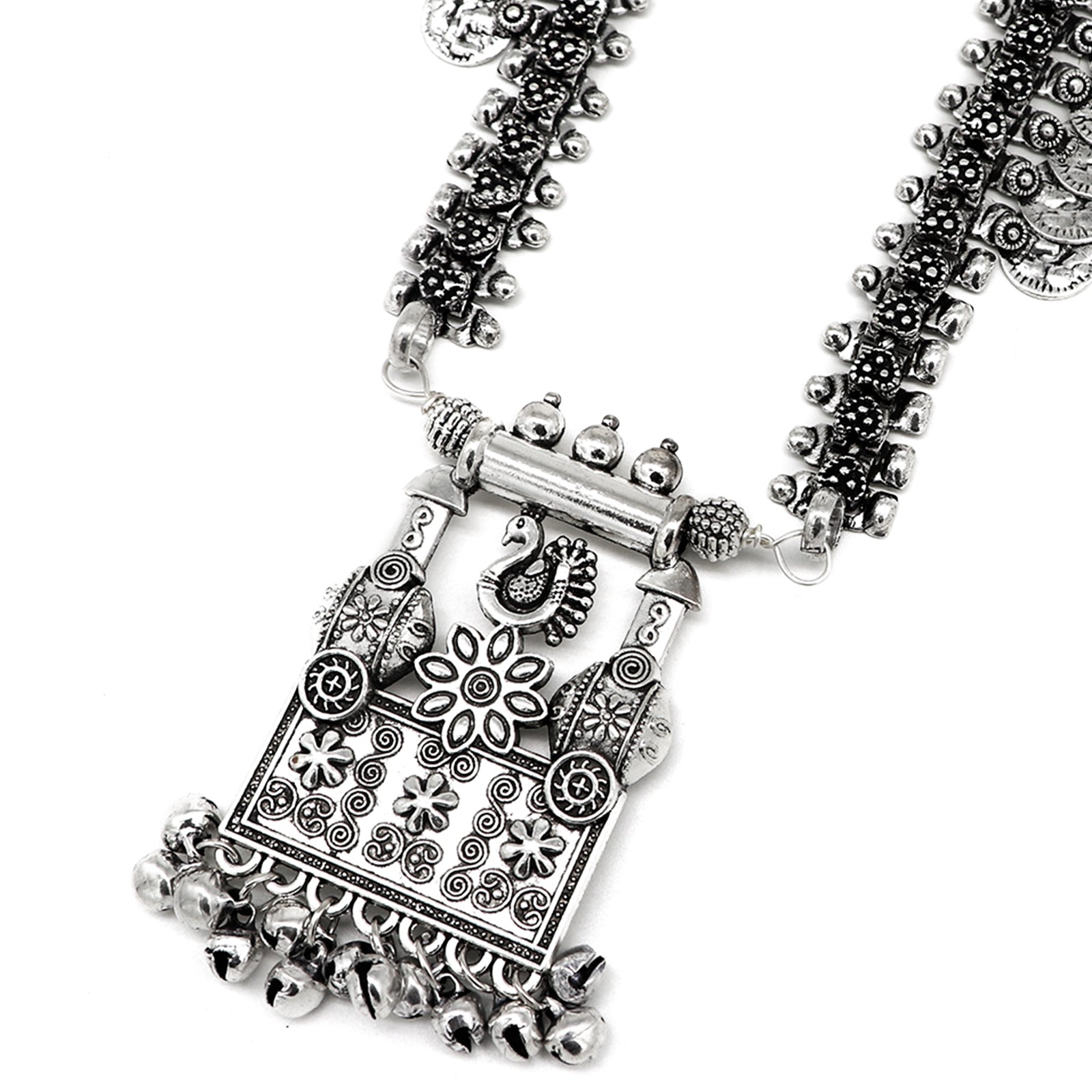 Kaveesha Silver Oxidized Peacock Necklace Set - Teejh