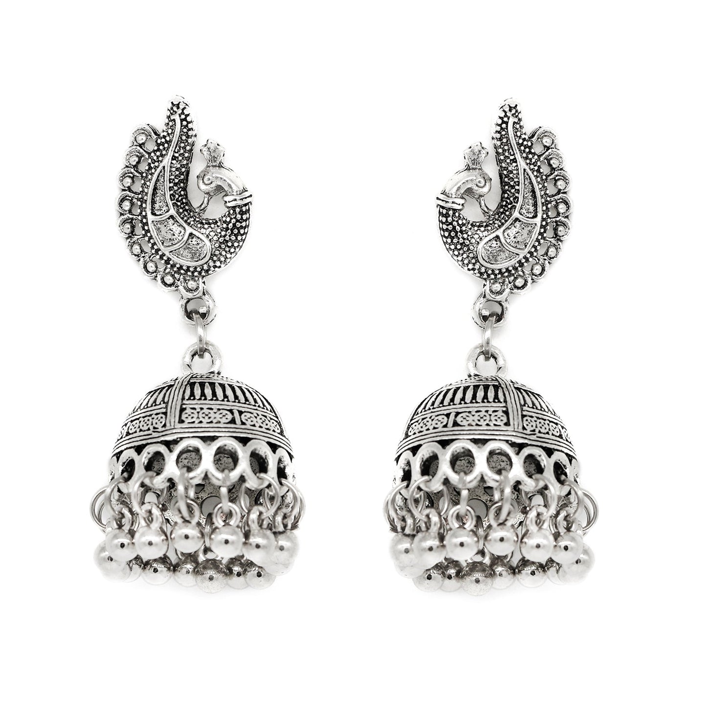 Kaveesha Silver Oxidized Peacock Necklace Set - Teejh