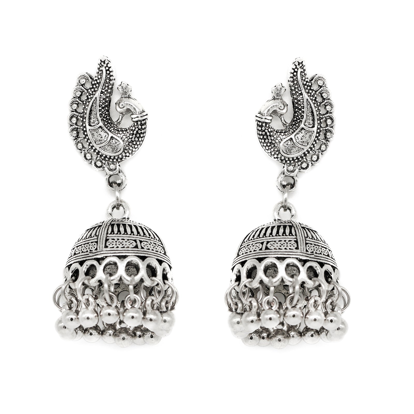 Kaveesha Silver Oxidized Peacock Necklace Set - Teejh