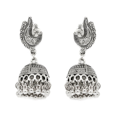 Kaveesha Silver Oxidized Peacock Necklace Set - Teejh