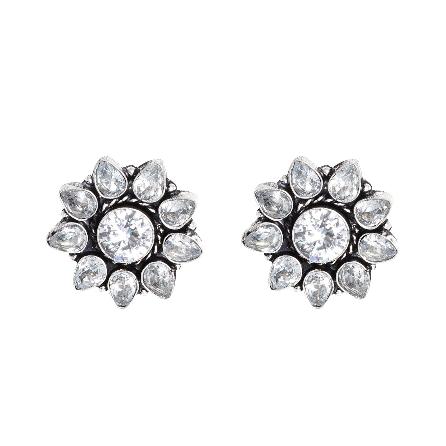 Teejh Hrida White Stone Silver Oxidised Stud Earrings