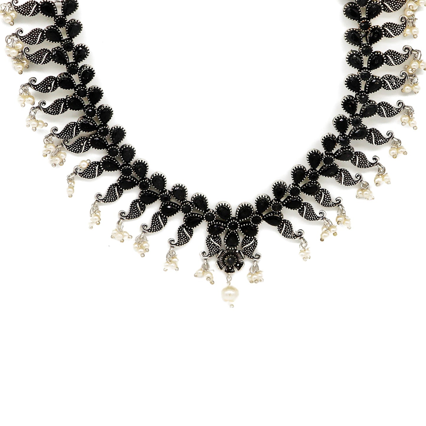 Niranjana Black Stone Silver Oxidized Necklace Set - Teejh