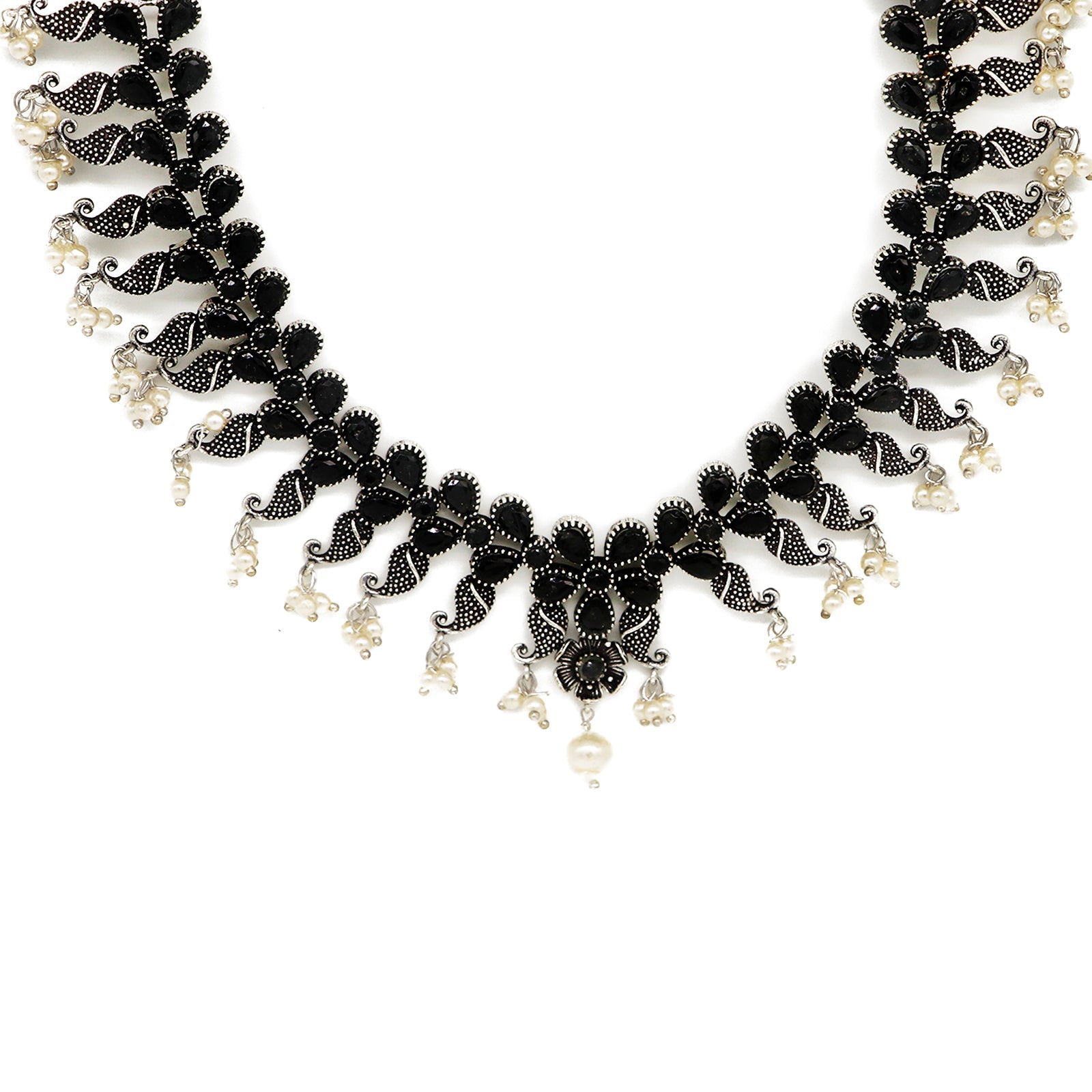 Niranjana Black Stone Silver Oxidized Necklace Set - Teejh