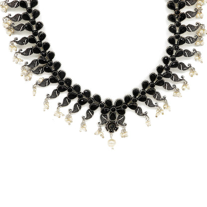 Niranjana Black Stone Silver Oxidized Necklace Set - Teejh