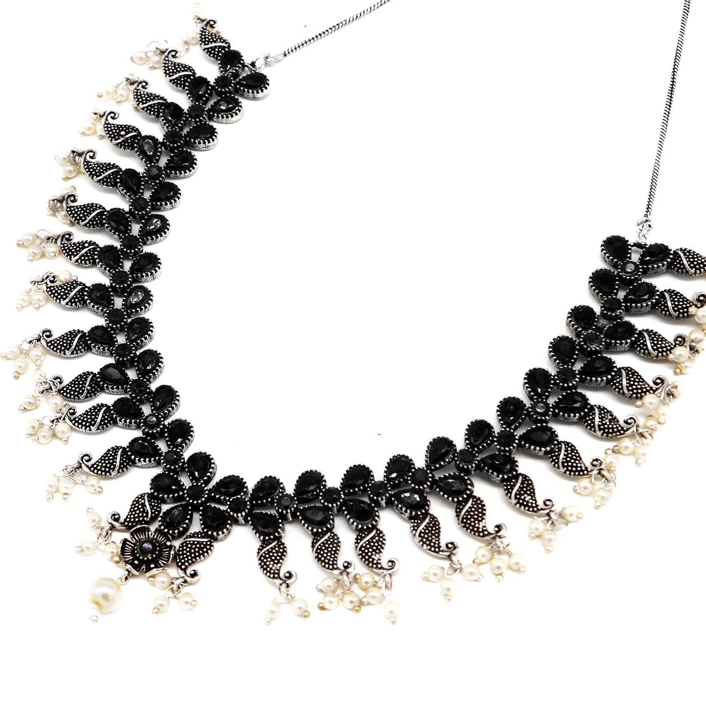 Niranjana Black Stone Silver Oxidized Necklace Set - Teejh