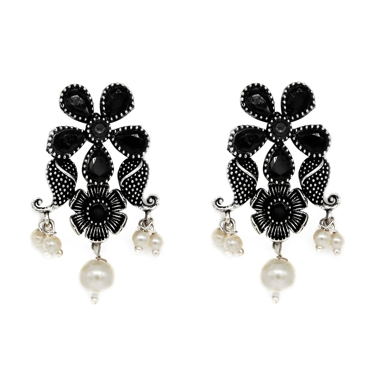 Niranjana Black Stone Silver Oxidized Necklace Set - Teejh