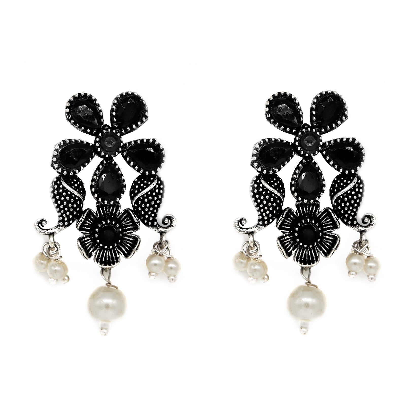 Niranjana Black Stone Silver Oxidized Necklace Set - Teejh