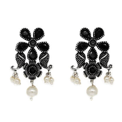 Niranjana Black Stone Silver Oxidized Necklace Set - Teejh