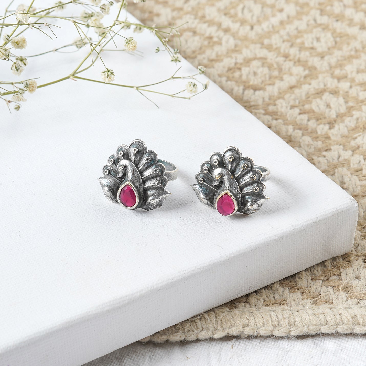 Teejh Indira Peacock Silver Oxidised Toe Rings
