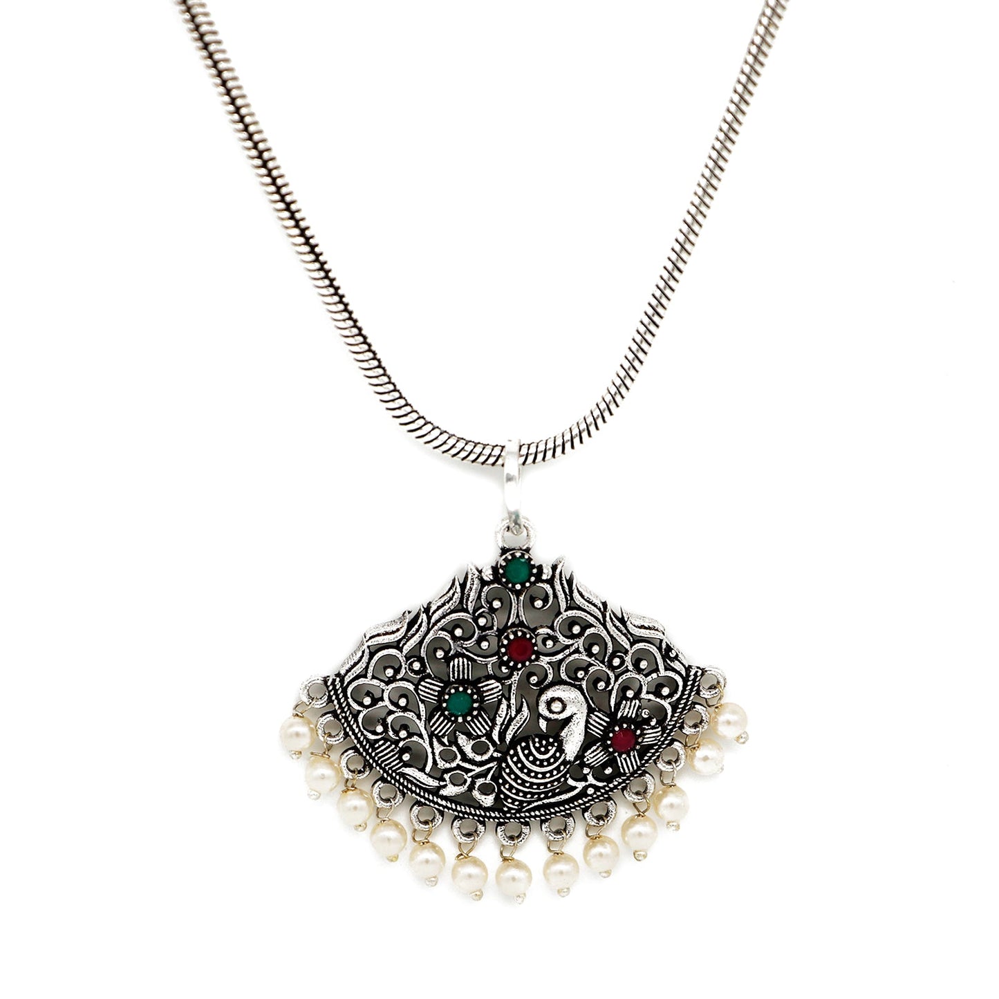 Pavaki Multi Colored Silver Oxidized  Pendant Set - Teejh