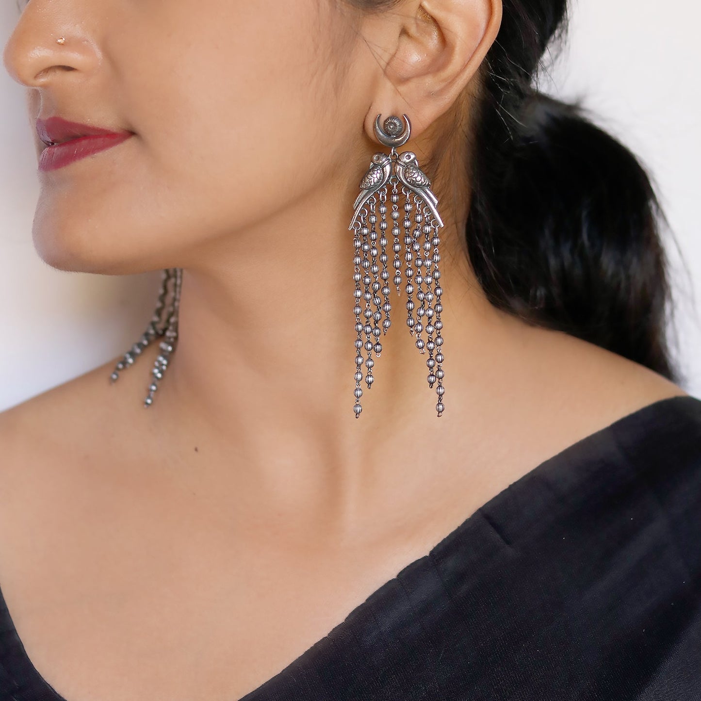 Shatakshi Peacock Silver Oxidized Earrings - Teejh