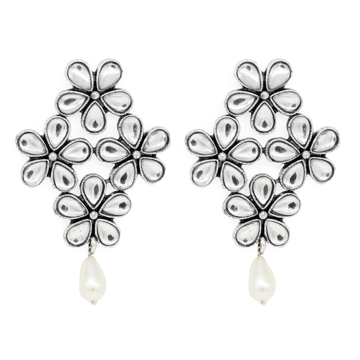 Vamika Floral Polki Silver Oxidized Earrings - Teejh