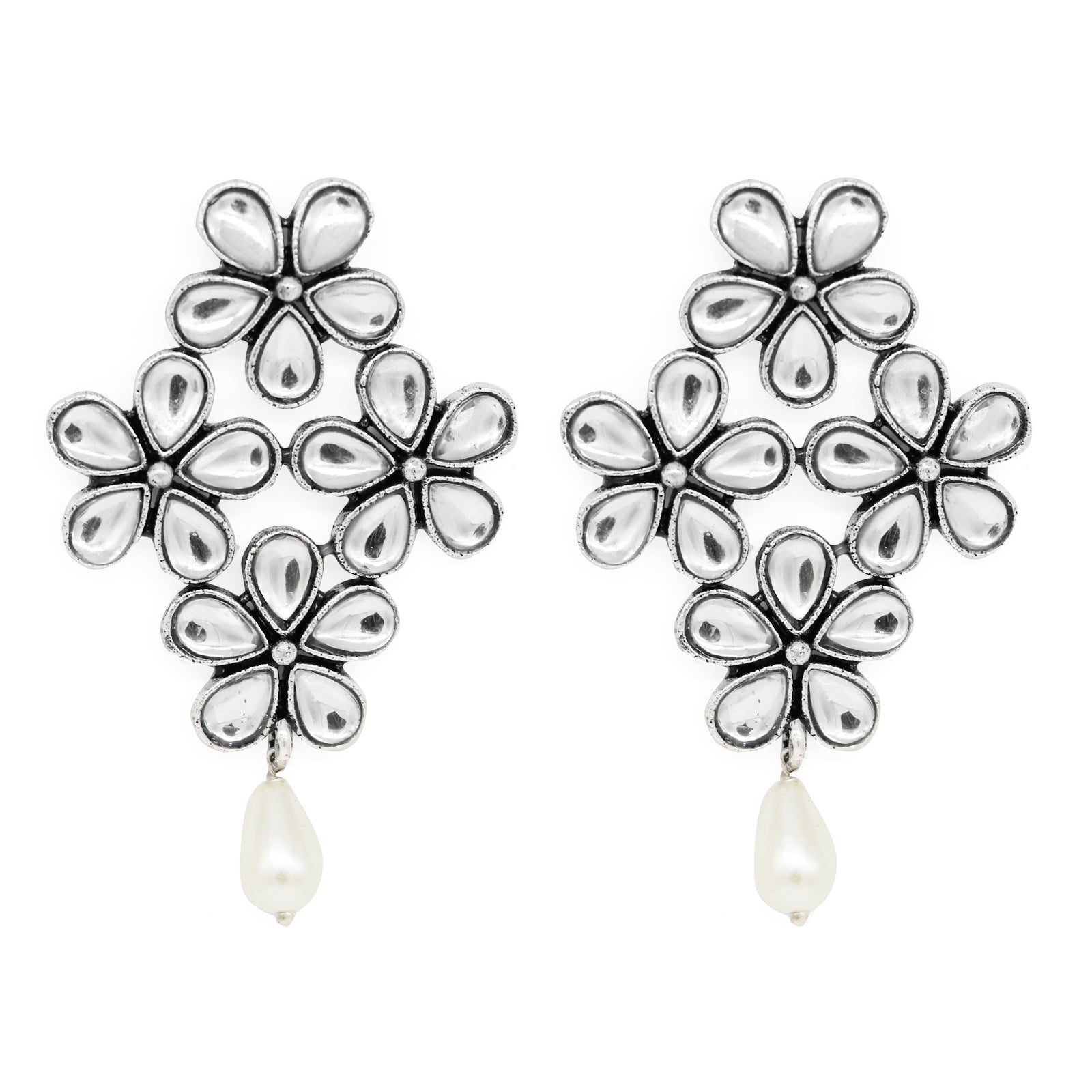 Vamika Floral Polki Silver Oxidized Earrings - Teejh