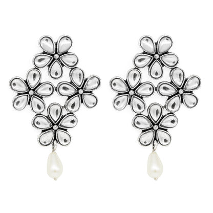 Vamika Floral Polki Silver Oxidized Earrings - Teejh