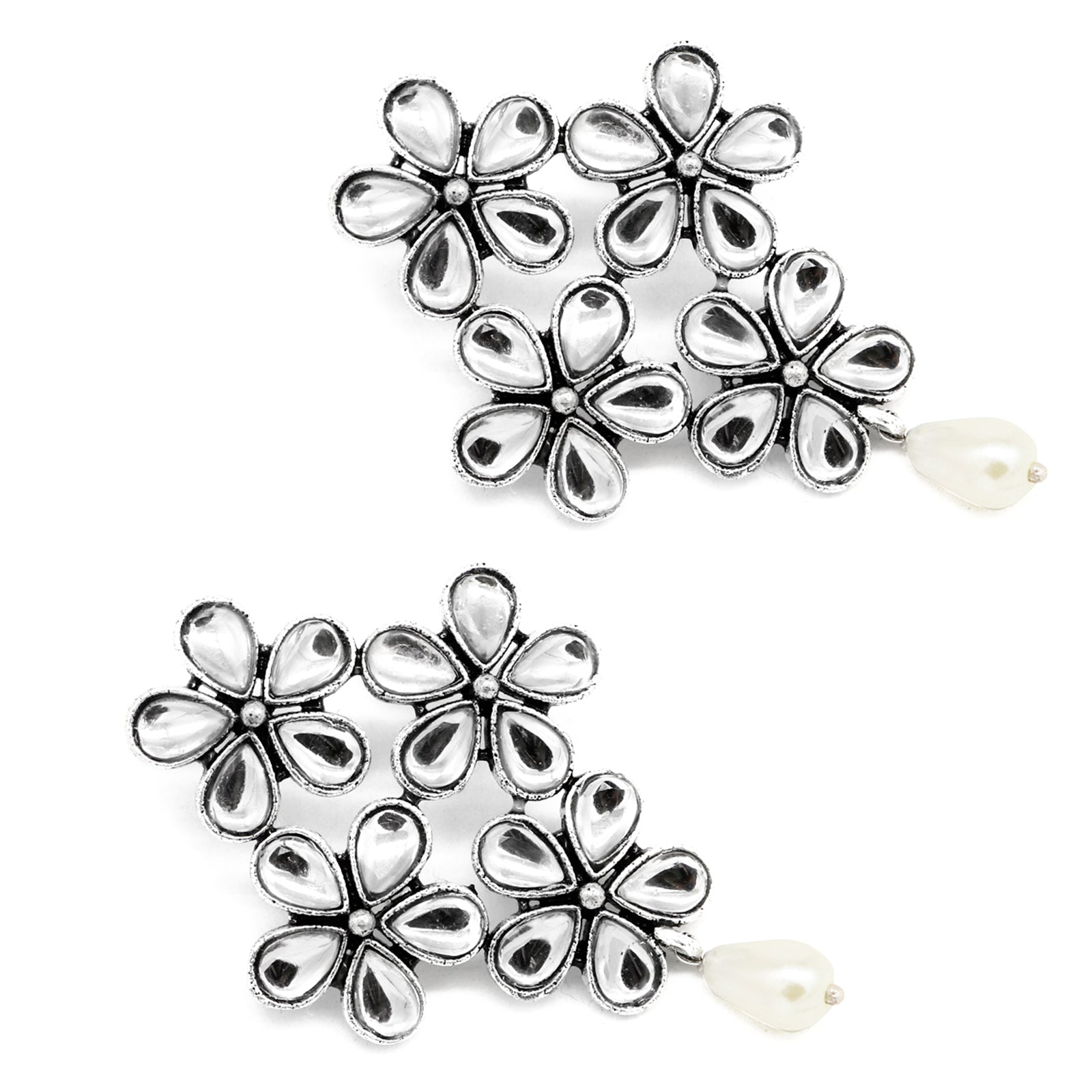 Vamika Floral Polki Silver Oxidized Earrings - Teejh