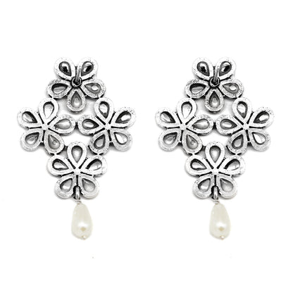 Vamika Floral Polki Silver Oxidized Earrings - Teejh