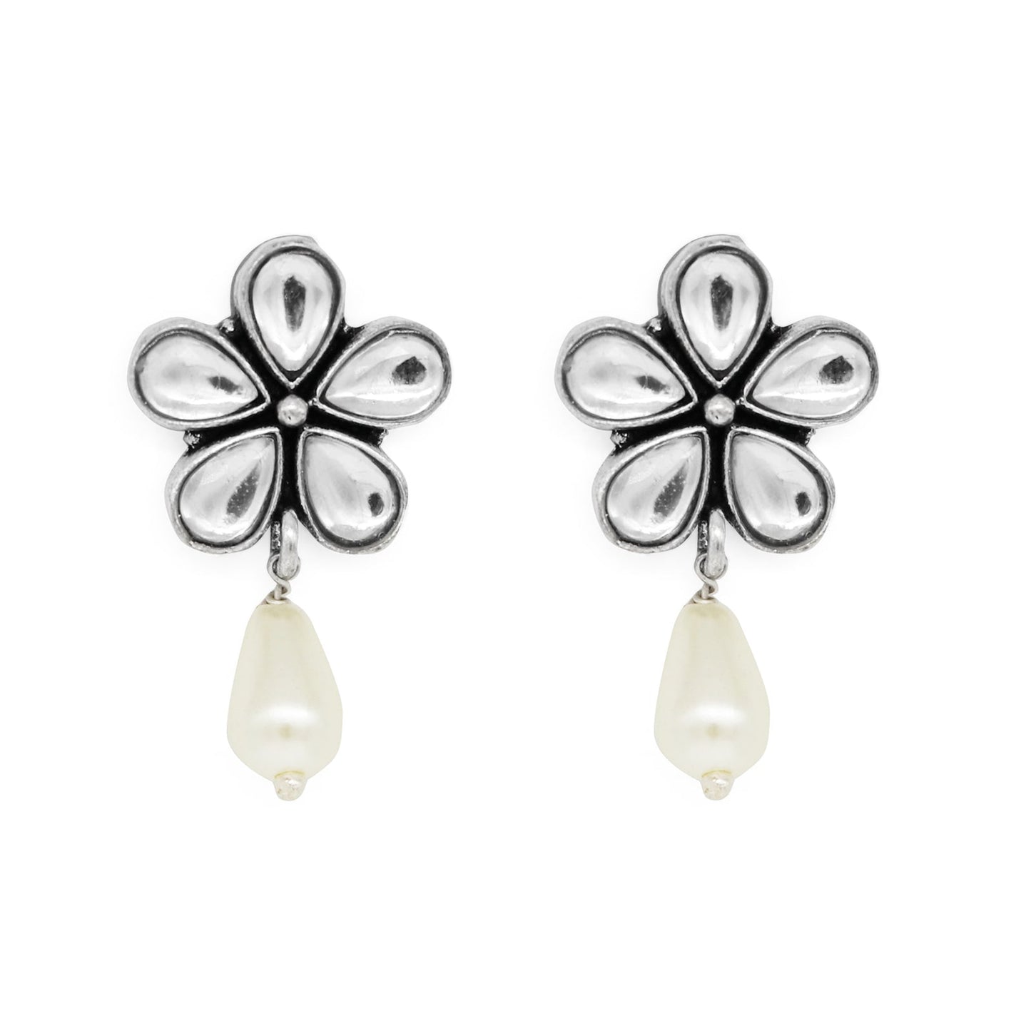Amritaya Floral Polki Silver Oxidized Earrings - Teejh