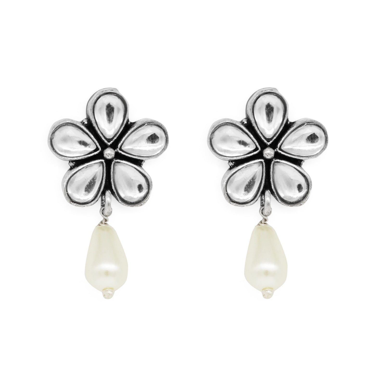 Amritaya Floral Polki Silver Oxidized Earrings - Teejh