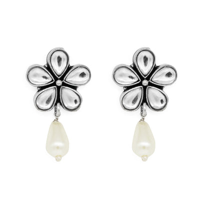 Amritaya Floral Polki Silver Oxidized Earrings - Teejh