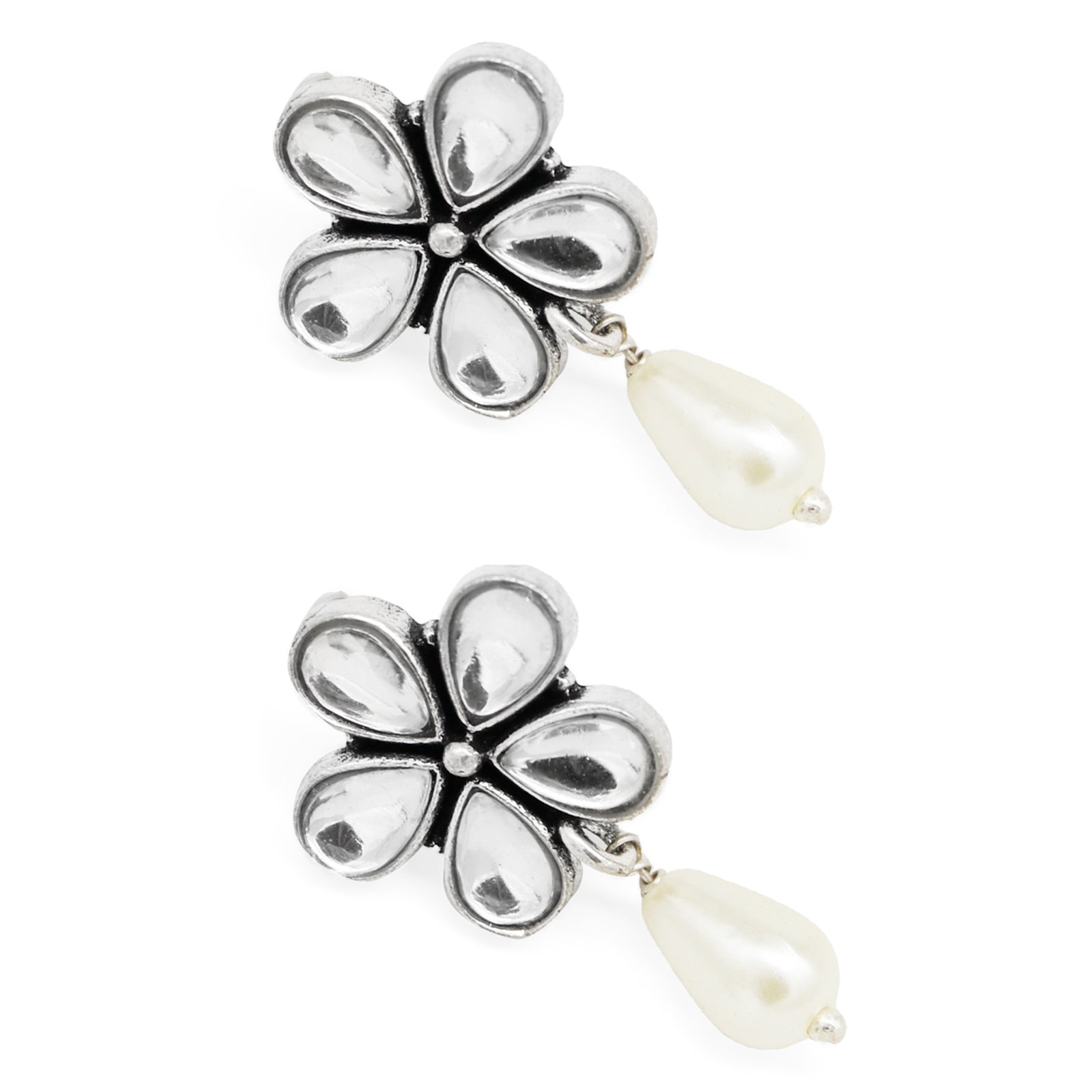 Amritaya Floral Polki Silver Oxidized Earrings - Teejh