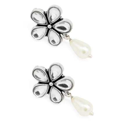 Amritaya Floral Polki Silver Oxidized Earrings - Teejh