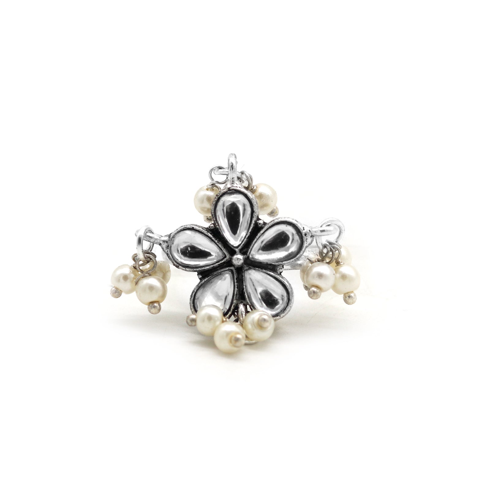 Yaksha Floral Polki Silver Oxidized Ring - Teejh