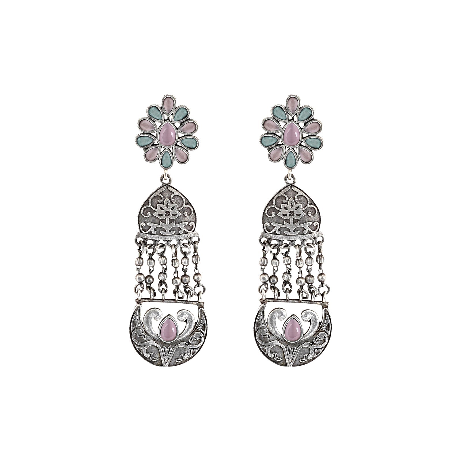 Teejh Bina Floral Pink & Green Silver Oxidised Earrings