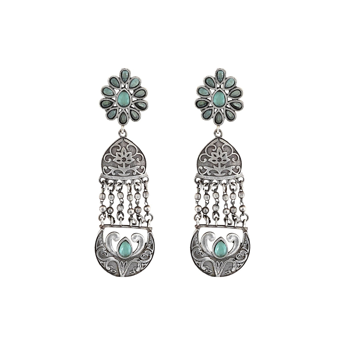 Teejh Bina Floral Green Silver Oxidised Earrings