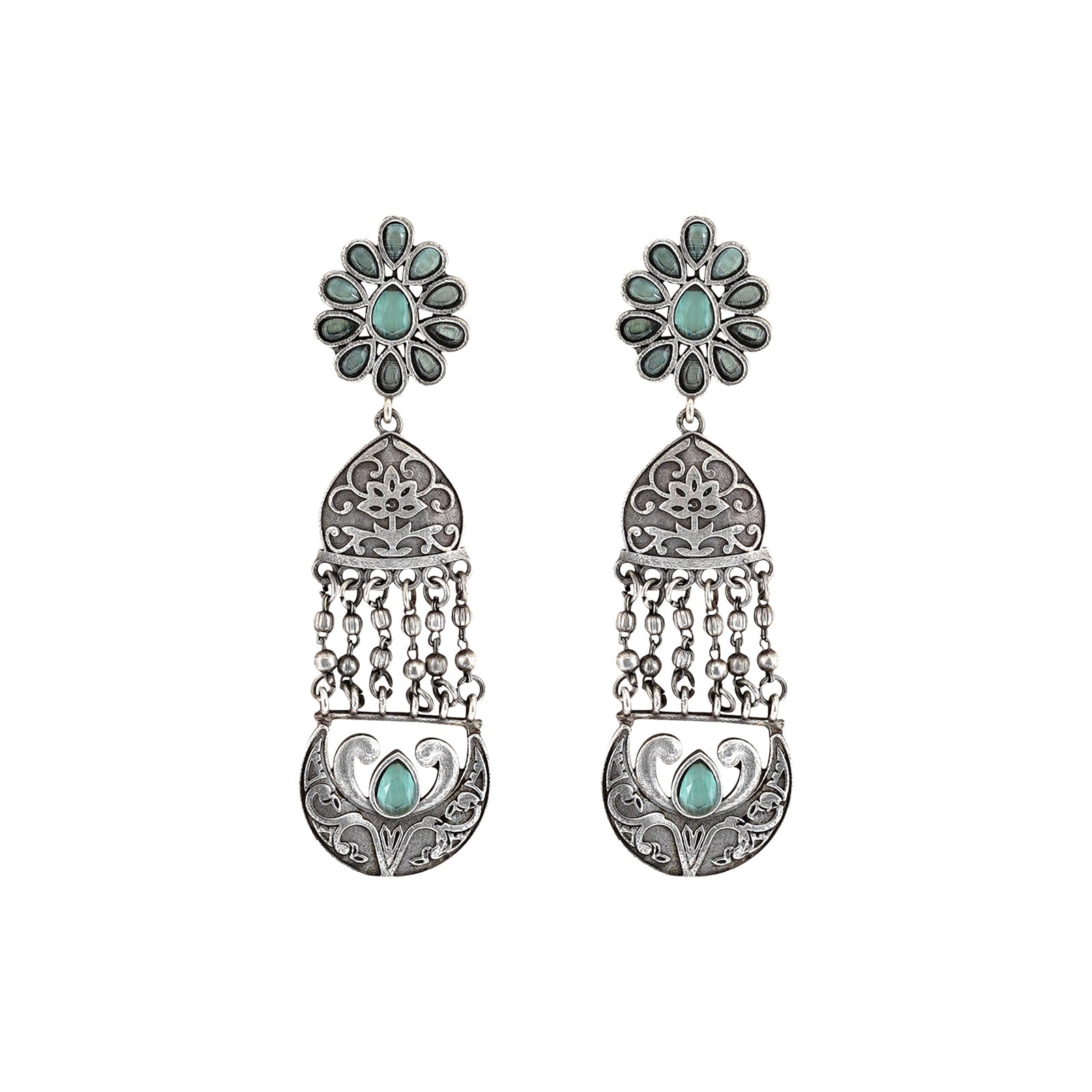 Teejh Bina Floral Green Silver Oxidised Earrings