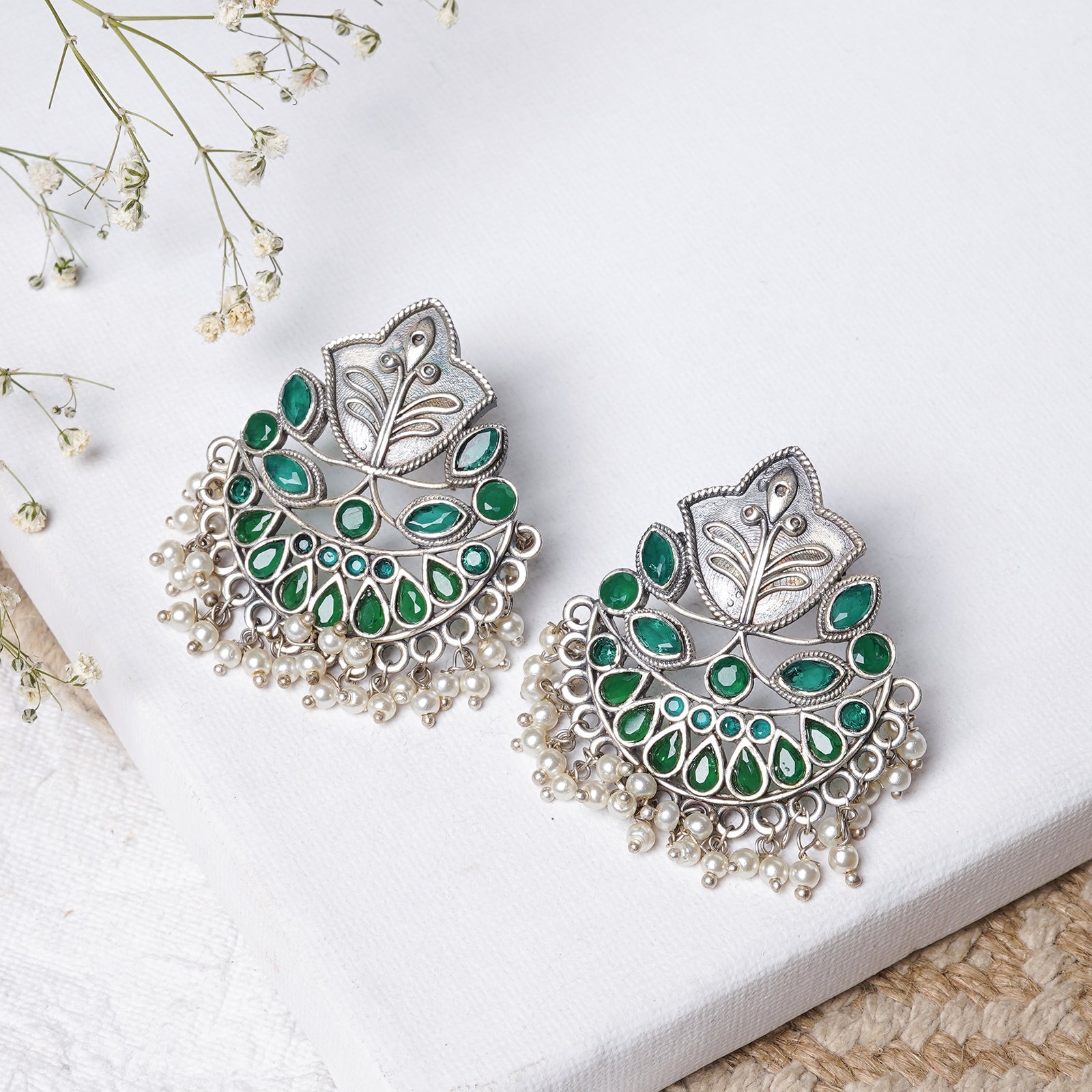 Teejh Nimrat Green Stone Silver Oxidised Earrings